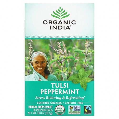 Organic India, 툴시 차, 페퍼민트, 카페인 무함유, 티백 18개, 30.6g(1.08oz)