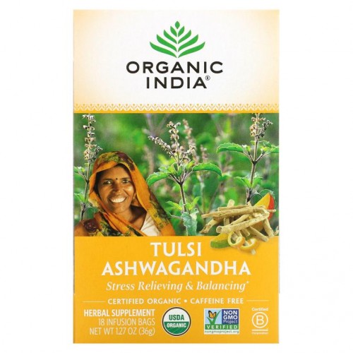 Organic India, 툴시 차, 아슈와간다, 카페인 무함유, 티백 18개입, 36g(1.27oz)