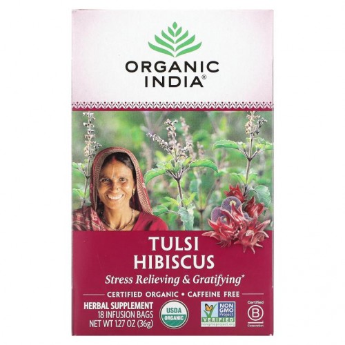 Organic India, 툴시 차, 히비스커스, 카페인 무함유, 티백 18개, 36g(1.27oz)