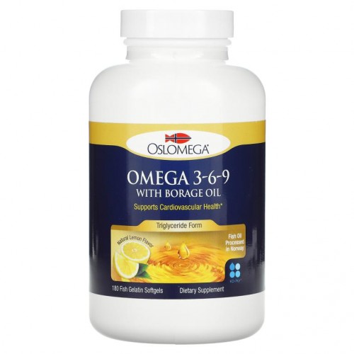 Oslomega, 노르웨이산 오메가3-6-9, 보리지 오일 함유, 레몬 향, 피쉬 젤라틴 소프트젤 180정