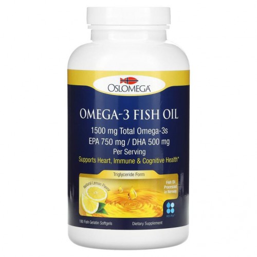 Oslomega, 오메가3 피쉬 오일, 750mg 에이코사펜타엔산, 500mg DHA, 천연 레몬향, 피쉬 젤라틴 소프트젤 180정