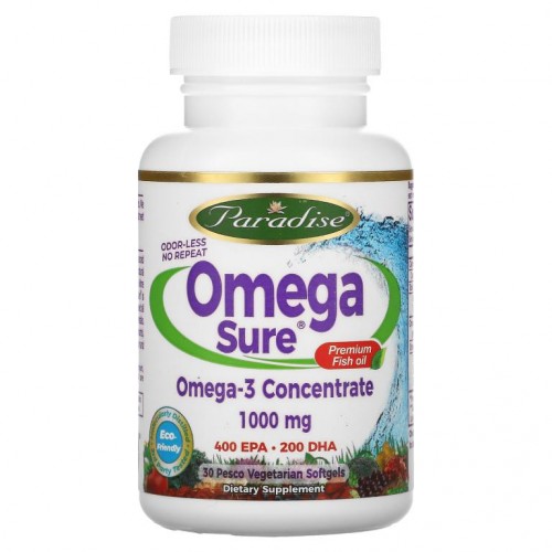 Paradise Herbs, Omega Sure, 오메가3 농축물, 1,000mg, 페스코 베지 소프트젤 30정