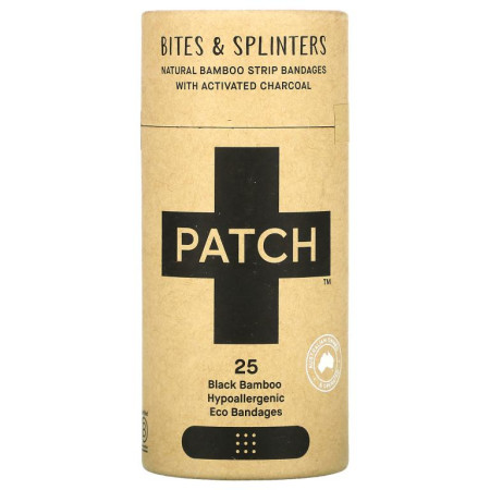 Patch, Natural Bamboo Strip Bandages with Activated Charcoal, Bites & Splinters, Black, 25 Eco Bandages
