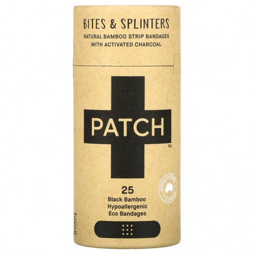 Patch, Natural Bamboo Strip Bandages with Activated Charcoal, Bites & Splinters, Black, 25 Eco Bandages