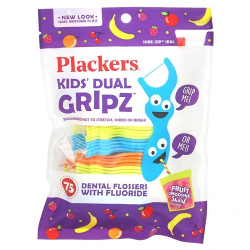 Plackers, Kid's Dual Gripz, 불소 함유 치실, 프루트 스무디 스월, 75개입