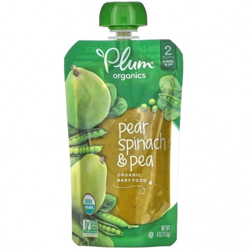 Plum Organics, 유기농 이유식, 2단계, 배, 시금치 & 완두콩, 113g(4oz)