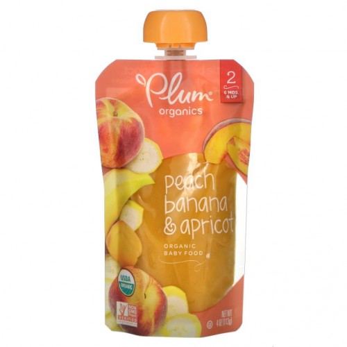 Plum Organics, 유기농 베이비 푸드, 2단계, 배, 바나나 & 살구, 4 oz (113 g)