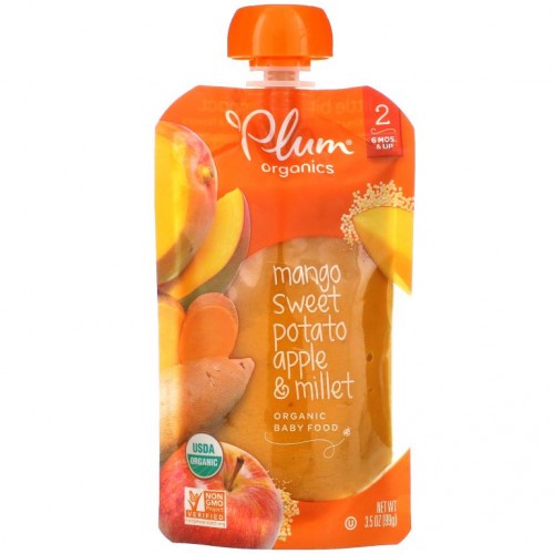 Plum Organics, 유기농 이유식, 2단계, 망고, 고구마 사과 & 기장, 99g(3.5oz)