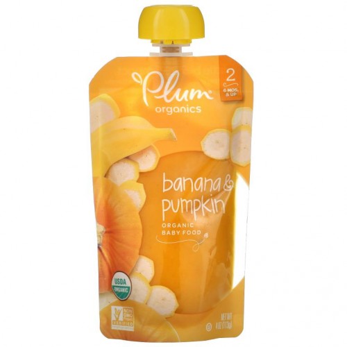 Plum Organics, 유기농 아기 식품, 2 단계, 바나나, 호박, 4 oz (113 g)