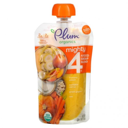 Plum Organics, 유아용, Mighty 4, 4 Food Group Blend, 바나나, 복숭아, 호박, 당근, 그릭 요거트, 귀리, 113g(4oz)
