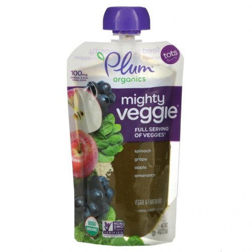 Plum Organics, 토츠, Mighty Veggie, 시금치, 포도, 사과, 아마란스, 113g(4oz)