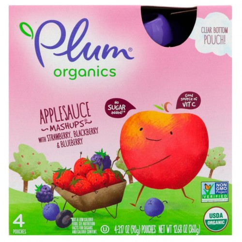 Plum Organics, 딸기, 블랙베리 & 블루베리 함유 유기농 애플소스 매시업, 4 파우치, 각 90 g(3.17oz)
