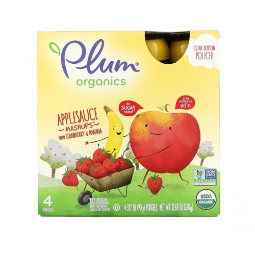 Plum Organics, 사과소스 Mashups, 딸기 및 바나나 함유, 4팩, 각 90g(3.17oz)