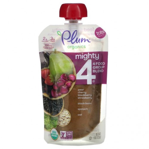 Plum Organics, Mighty 4, 4가지 제품군 혼합물, 유아용, 배, 체리, 블랙베리, 딸기, 검정콩, 시금치, 귀리, 113g(4oz)