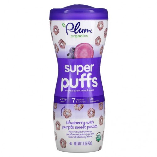 Plum Organics, Super Puffs, 유기농 곡물 시리얼 간식, 블루베리 & 자색 고구마, 42g(1.5oz)