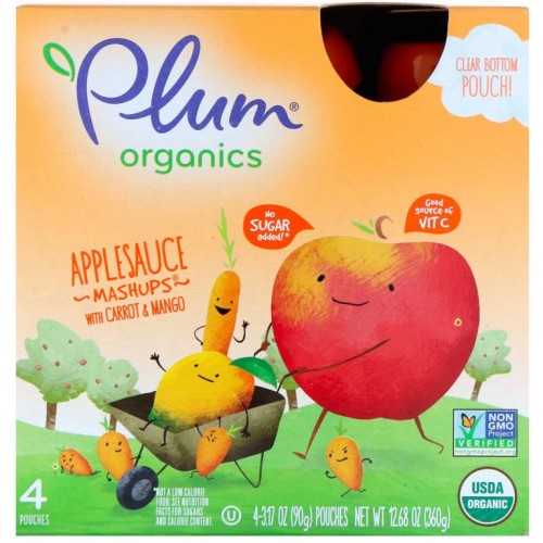 Plum Organics, 당근 및 망고 함유 유기농 애플소스 매시업, 파우치 4개, 각 90g(3.17oz)