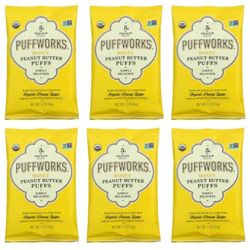 Puffworks, Peanut Butter Puffs, Honey, 6 Pack, 1.2 oz (34 g) Each