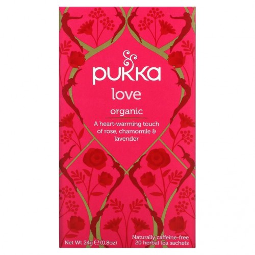 Pukka Herbs, 러브, 유기농 장미, 카모마일 그리고 라벤더 차, 무카페인, 20 차 티백, 0.8 온스 (24 g)