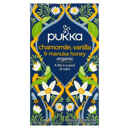 Pukka Herbs, 캐모마일, 바닐라 & 마누카 꿀 차, 카페인 무함유, 허브차 티백 20개, 32g(1.12oz)