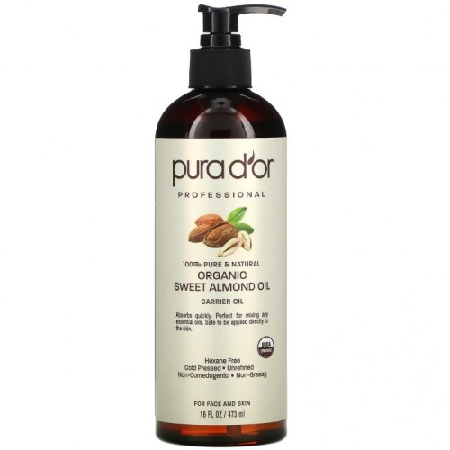 Pura D'or, 프로페셔널, 유기농 스위트 아몬드 오일, 473ml(16fl oz)