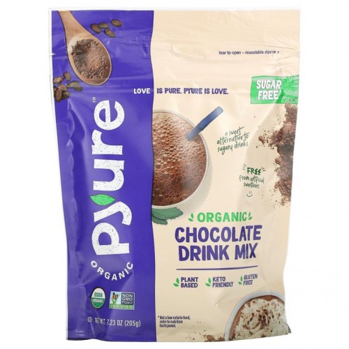 Pyure, 유기농 초콜릿 드링크 믹스, 케토, 무설탕, 205g(7.23oz)