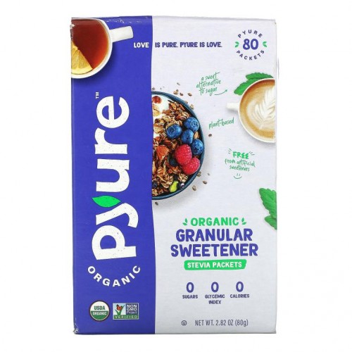 Pyure, 유기농 과립형 스테비아 감미료, 설탕 대체품, 케토, 80팩, 각 1g(0.035oz)