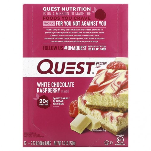 Quest Nutrition, 프로틴바, 화이트 초콜렛 라즈베리, 바 12개, 각 60g(2.12oz)