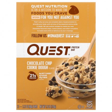 Quest Nutrition, 프로틴바, 초콜릿 칩 쿠키 도우, 바 12개, 각 60g(2.12oz)