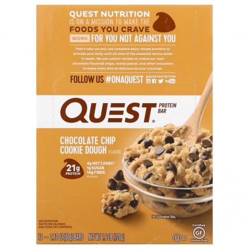 Quest Nutrition, 프로틴바, 초콜릿 칩 쿠키 도우, 바 12개, 각 60g(2.12oz)