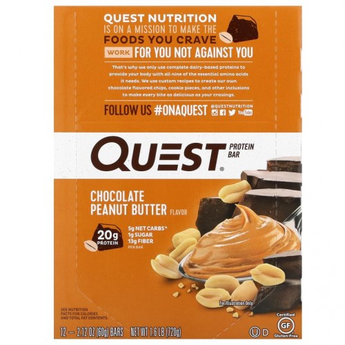 Quest Nutrition, 퀘스트 단백질 바, 초콜릿 땅콩 버터, 12 바, 각각 2.12 oz (60 g)