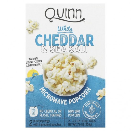 Quinn Popcorn, 전자레인지용 팝콘, 화이트 체다 & 바다 소금, 2팩, 각 100g(3.5oz)