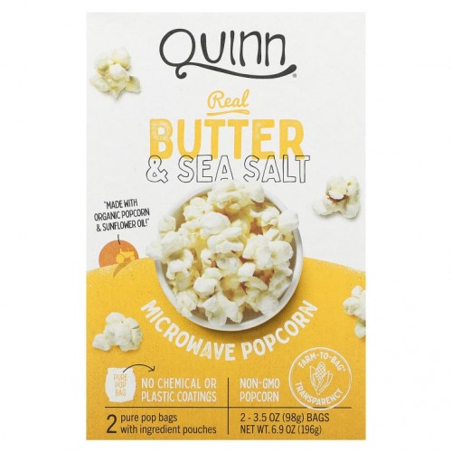 Quinn Popcorn, 전자렌지용 팝콘, 리얼 버터 & 바다 소금, 2팩, 각 98g(3.5oz)