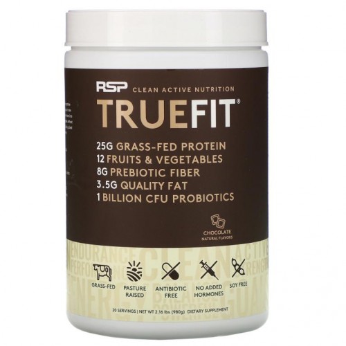 RSP Nutrition, Truefit, 목초사육 유청 단백질 셰이크, 초콜릿, 940g(2lbs)