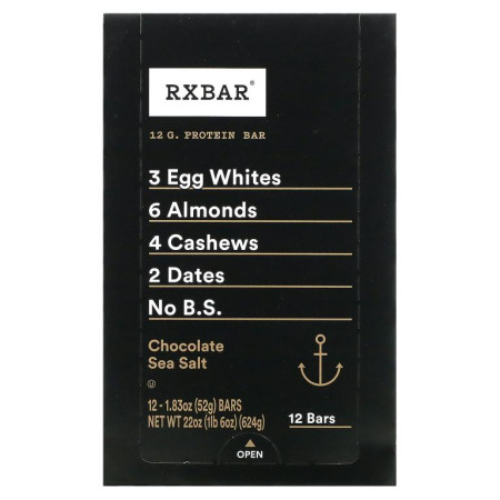 RXBAR, 프로틴바, 초콜릿 바다 소금, 바 12개, 개당 52g(1.83oz)