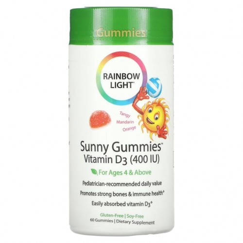 Rainbow Light, Sunny Gummies, 비타민D3, 만 4세 이상, 톡 쏘는 만다린 오렌지, 400IU, 구미젤리 60개