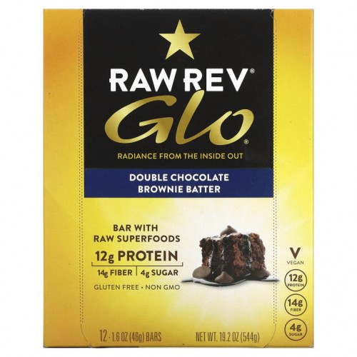 Raw Rev, 글로, 더블 초콜릿 브라우니 배터, 12 개, 각 1.6 oz (46 g)