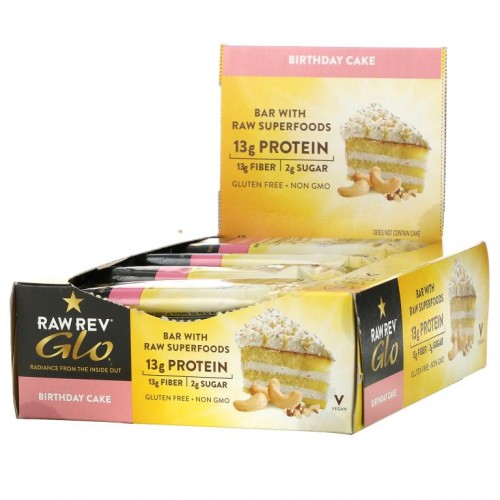 Raw Rev, Glo, Bar with Raw Superfoods, Birthday Cake, 12 Bars, 1.6 oz (46 g) Each