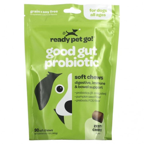 Ready Pet Go, 프로바이오틱 터미 트리츠, 반려견용 소화를 돕는 간식, 모든 연령, 치즈맛, 소프트 츄 90개