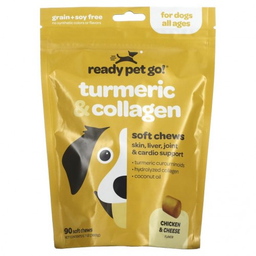 Ready Pet Go, Turmeric & Collagen, For Dogs, All Ages, Chicken & Cheese, 90 Soft Chews, 12.7 oz (360 g)