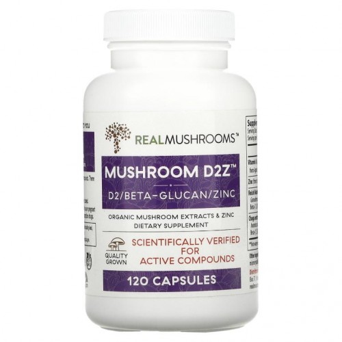 Real Mushrooms, 버섯 D2Z, D2/베타글루칸/아연, 캡슐 120정