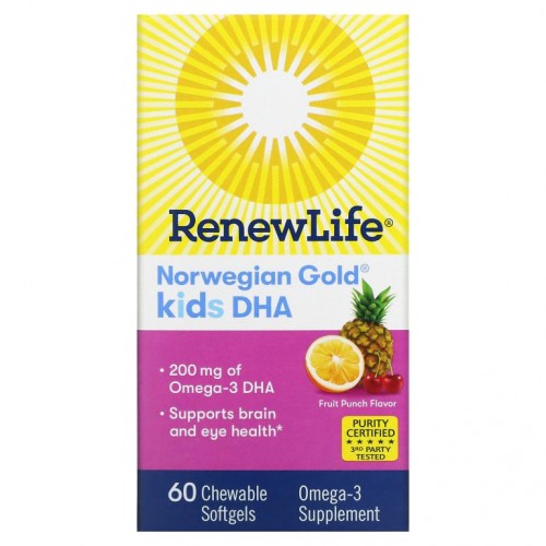 Renew Life, Norwegian Gold, 어린이용 DHA, 프루트 펀치 맛, 200mg, 츄어블 소프트젤 60정