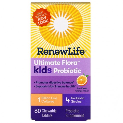 Renew Life, Ultimate Flora 키즈 프로바이오틱, 태양을 머금은 오렌지맛, 살아 있는 10억 배양균, 츄어블 60정