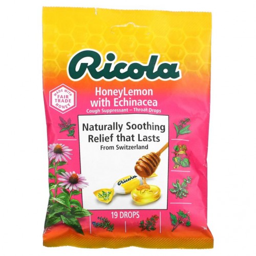 Ricola, 목캔디, 에키네시아 함유 허니레몬, 캔디 19개