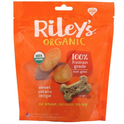 Riley’s Organics, 반려견 간식, 대형 뼈 모양, 고구마 레시피, 142g(5oz)