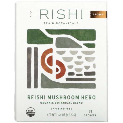 Rishi Tea, 유기농 식물 블렌드, 영지버섯 히어로, 일회용 티백 15개, 46.5g(1.64oz)