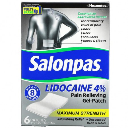 Salonpas, Lidocaine 4% Pain Relieving Gel-Patch, Maximum Strength, Unscented, 6 Patches