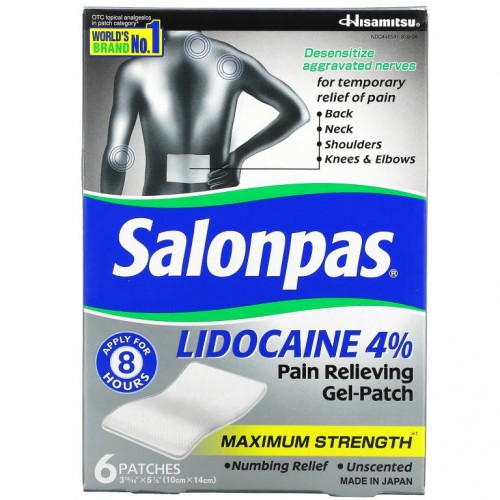 Salonpas, Lidocaine 4% Pain Relieving Gel-Patch, Maximum Strength, Unscented, 6 Patches