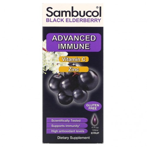 Sambucol, 블랙 엘더베리 시럽, 향상된 면역력, 비타민 C + 아연, 천연 베리, 120ml(4fl oz)