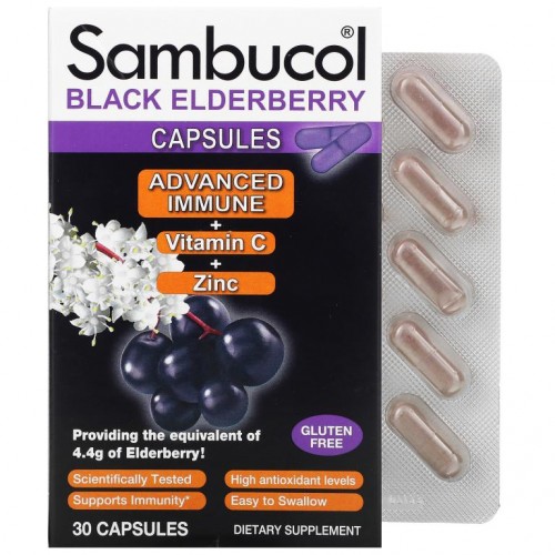Sambucol, 블랙 엘더베리 캡슐, 면역력 향상 + 비타민C + 아연, 캡슐 30정