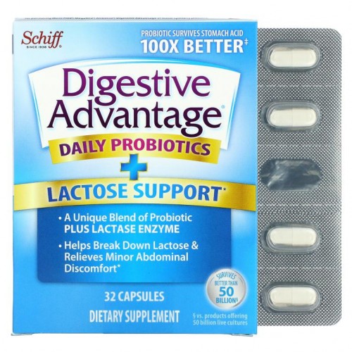 Schiff, Digestive Advantage, 데일리 프로바이오틱 플러스 락토스 서포트, 캡슐 32정